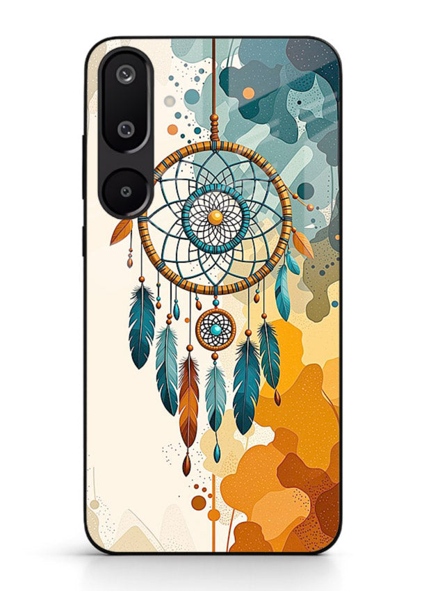 Boho dreamcatcher illustration printed on Samsung M16 5G glass back cover in earthy tones.
