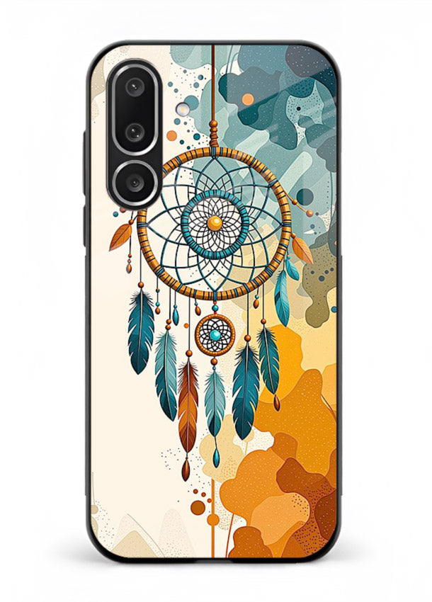 Boho dreamcatcher illustration printed on Samsung M56 5G glass back cover in earthy tones.
