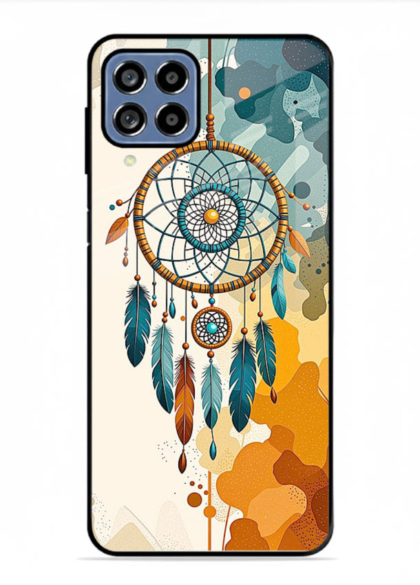 Boho dreamcatcher illustration printed on Samsung F62 glass back cover in earthy tones.