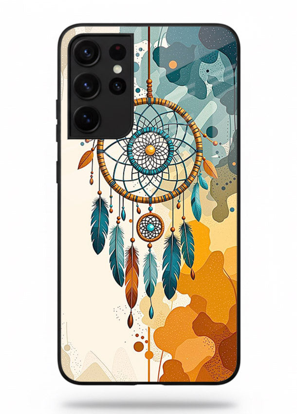 Boho dreamcatcher illustration printed on Samsung S21 Ultra glass back cover in earthy tones.
