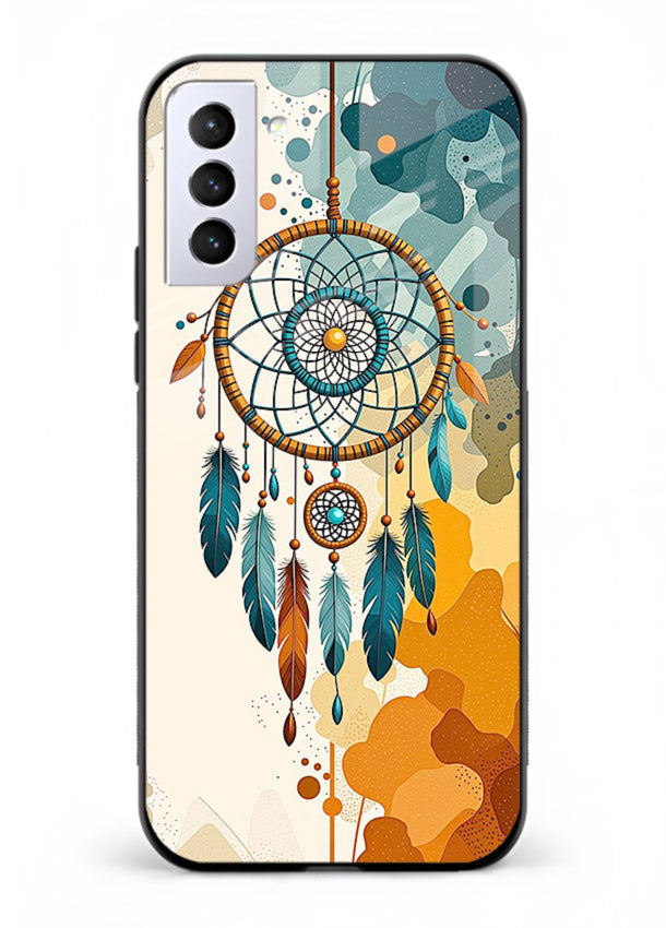 Boho dreamcatcher illustration printed on Samsung S21 FE glass back cover in earthy tones.