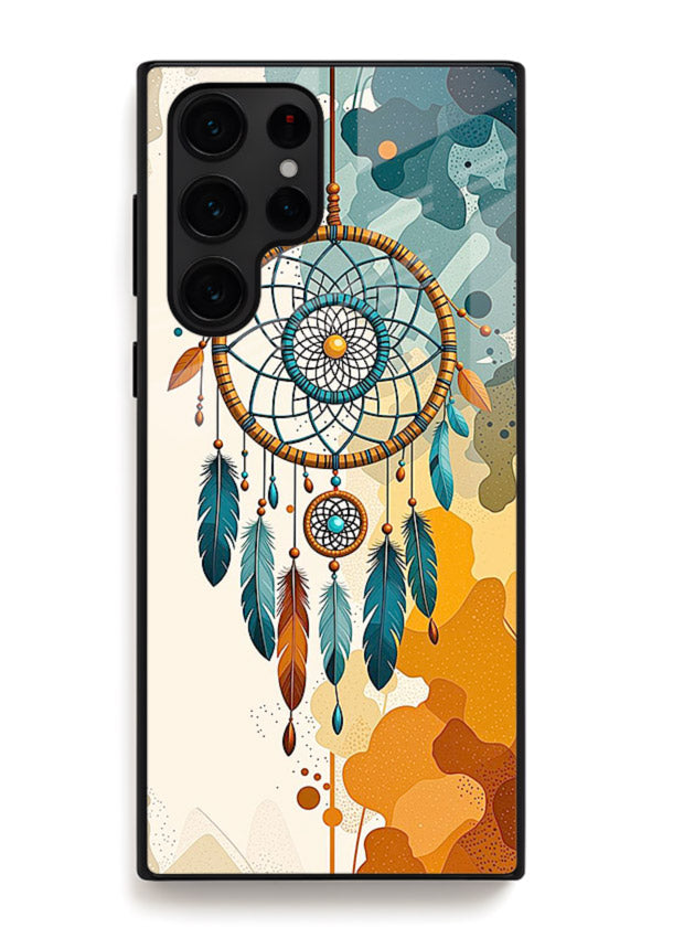 Boho dreamcatcher illustration printed on Samsung S24 Ultra glass back cover in earthy tones.
