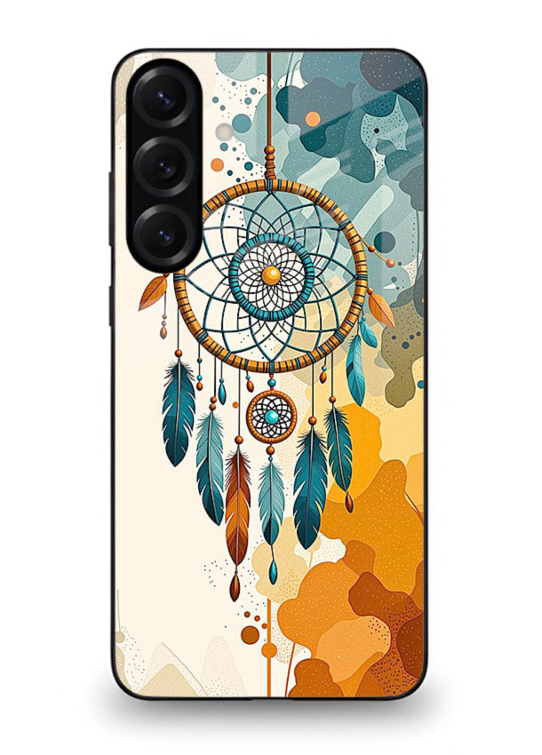 Boho dreamcatcher illustration printed on Samsung M54 5G glass back cover in earthy tones.
