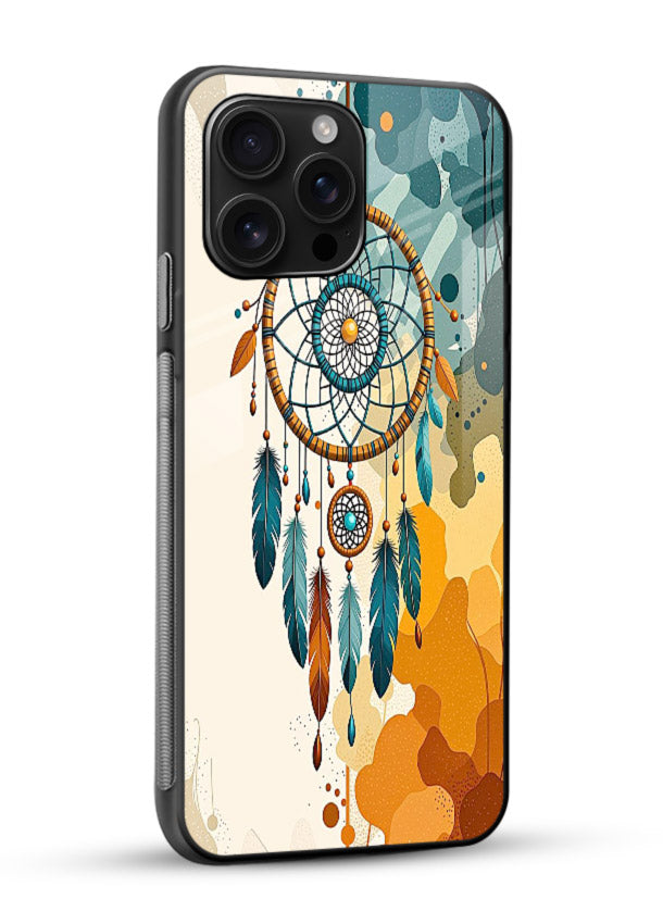 Boho dreamcatcher illustration printed on glossy vibrant premium glass back cover in earthy tones. - Angle Side
