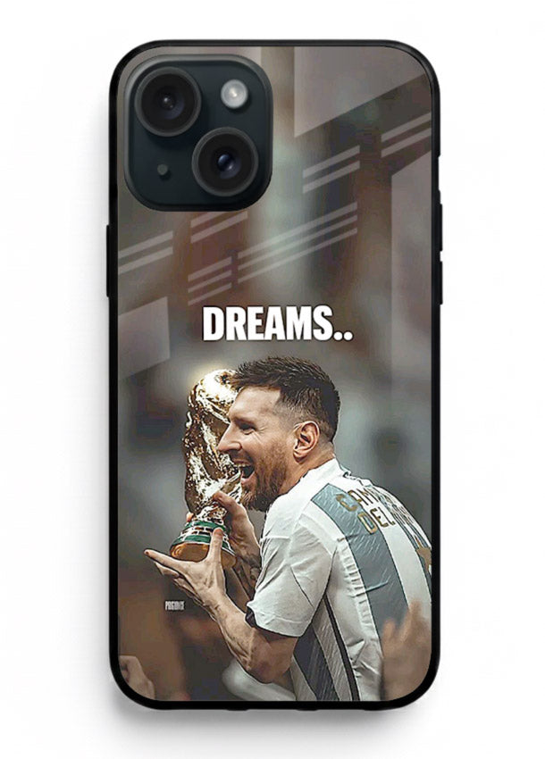 Motivational football quote artwork on premium tempered glass iPhone 14 back cover