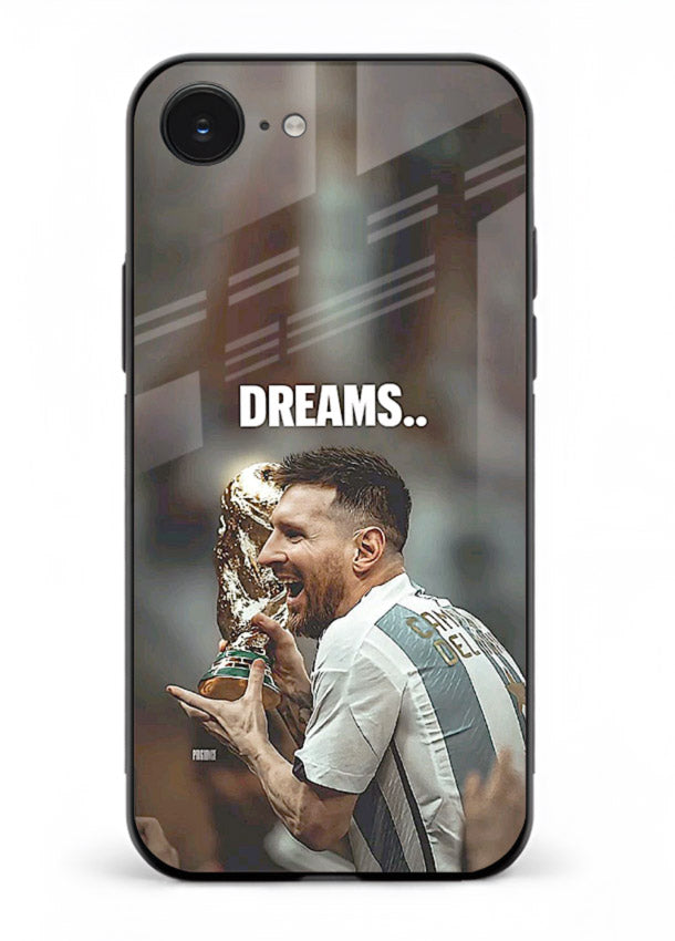 Motivational football quote artwork on premium tempered glass iPhone 16E back cover