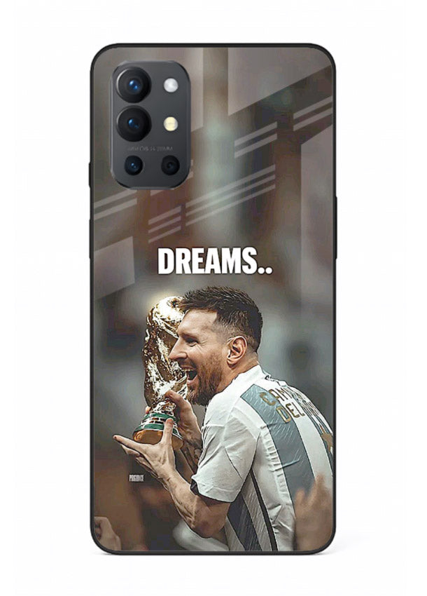 Motivational football quote artwork on premium tempered glass OnePlus 9R back cover