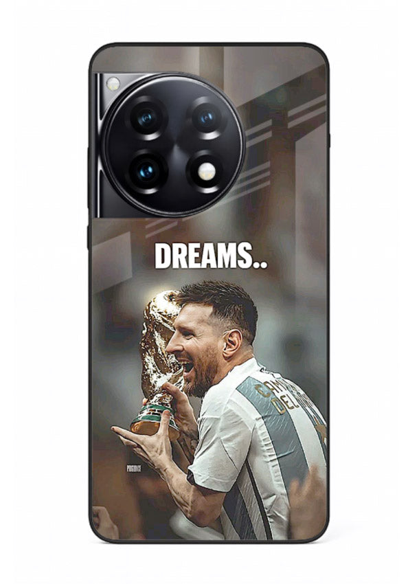 Motivational football quote artwork on premium tempered glass OnePlus 12R back cover