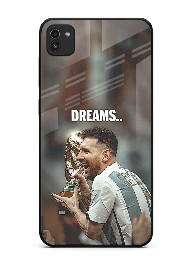 Motivational football quote artwork on premium tempered glass Samsung A03 back cover