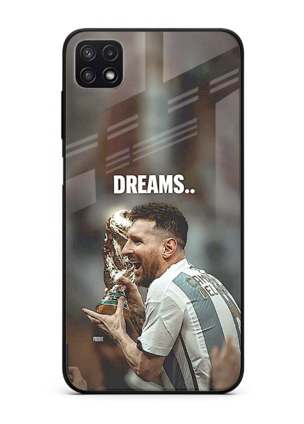 Motivational football quote artwork on premium tempered glass Samsung F42 5G back cover