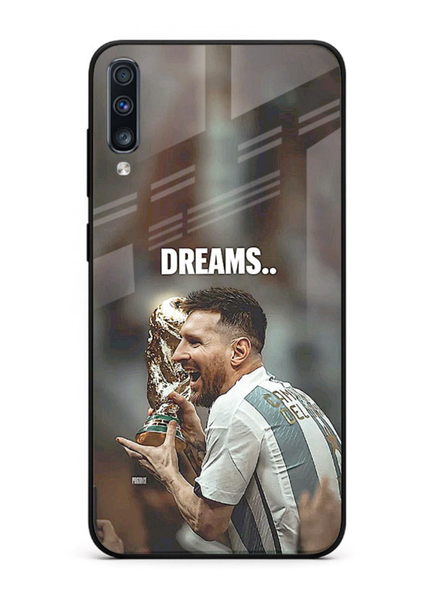 Motivational football quote artwork on premium tempered glass Samsung A50 back cover