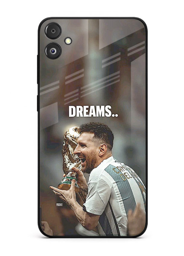 Motivational football quote artwork on premium tempered glass Samsung F04 5G back cover