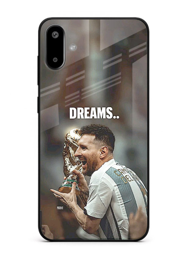 Motivational football quote artwork on premium tempered glass Samsung F06 5G back cover