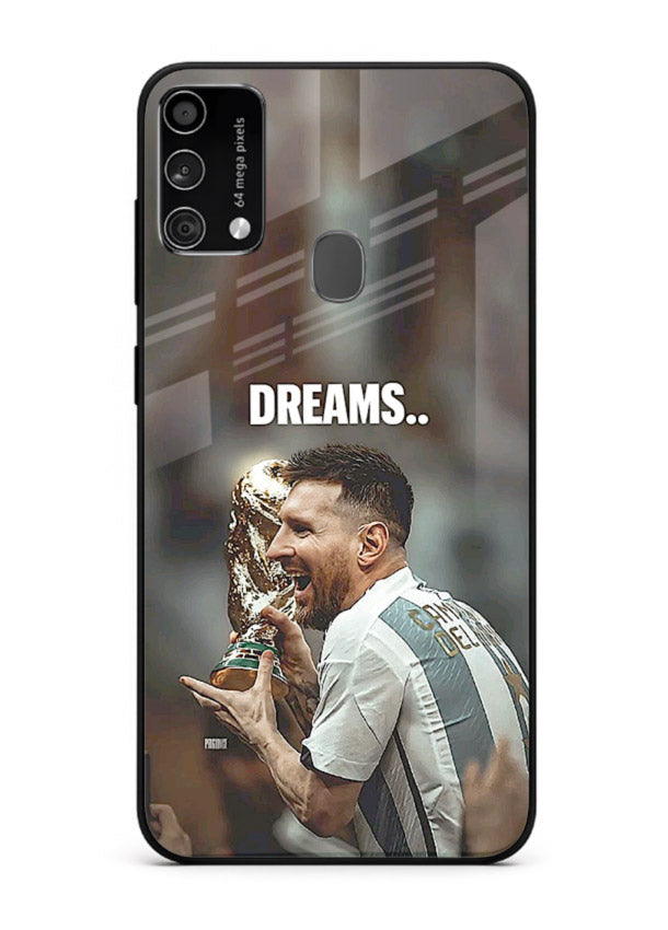 Motivational football quote artwork on premium tempered glass Samsung F41 back cover