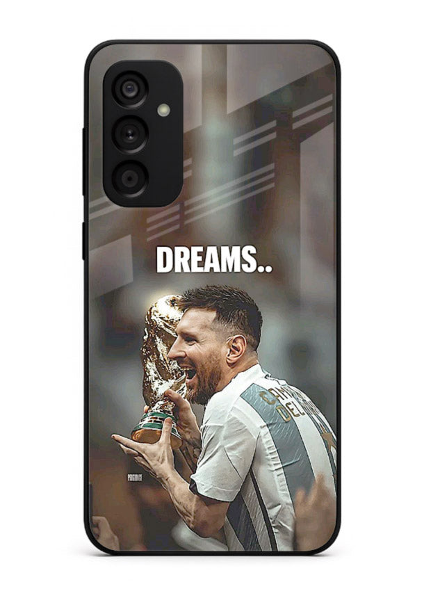 Motivational football quote artwork on premium tempered glass Samsung A04s 5G back cover