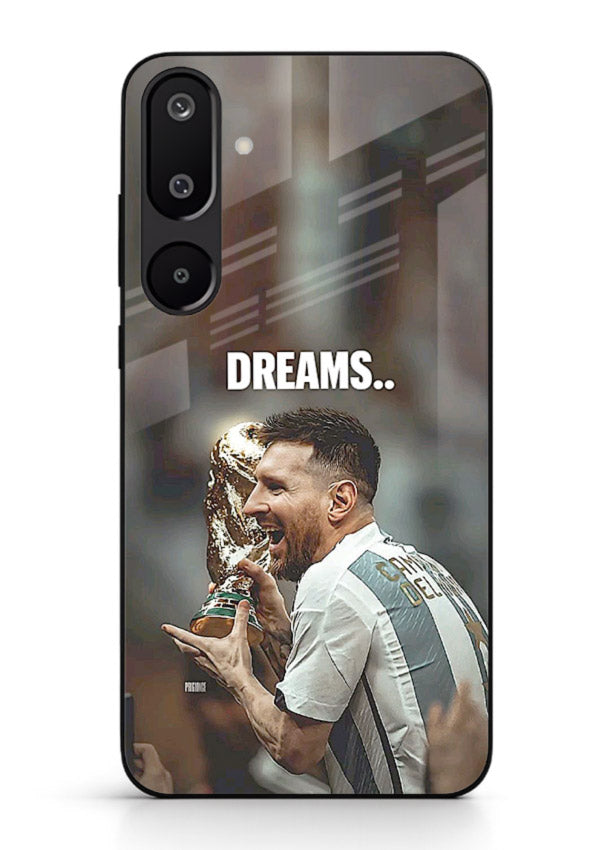 Motivational football quote artwork on premium tempered glass Samsung F16 5G back cover