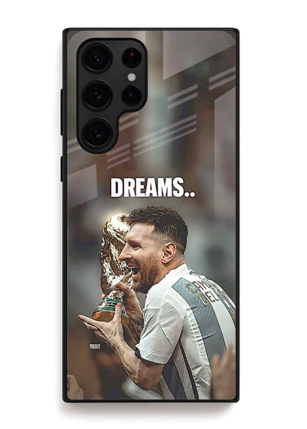 Motivational football quote artwork on premium tempered glass Samsung S25 Ultra back cover