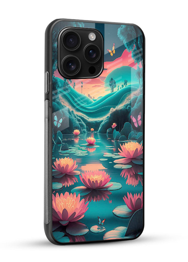 Dreamy Lotus Night mystical lotus artwork glossy vibrant premium glass back cover - Angle Side