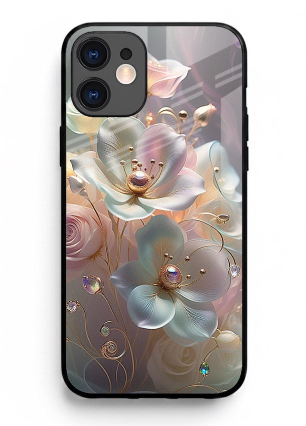Rose orb artwork on iphone 12 mini glass back cover with glowing romantic tones.