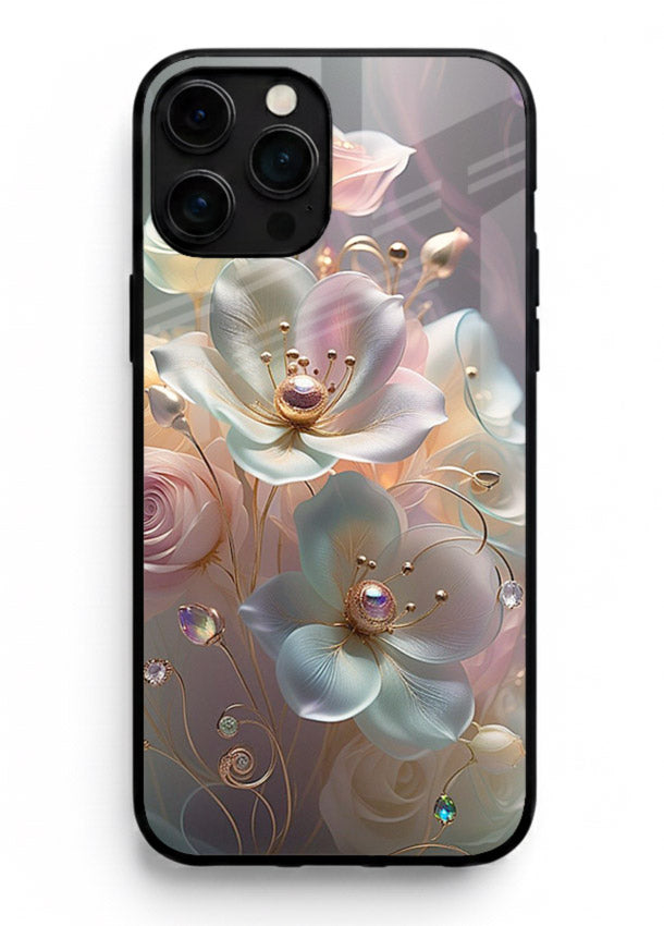 Rose orb artwork on iphone 15 pro max glass back cover with glowing romantic tones.