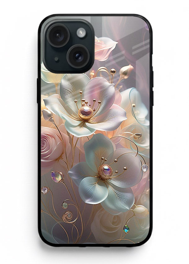 Rose orb artwork on iphone 14 plus glass back cover with glowing romantic tones.