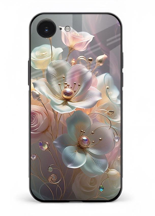 Rose orb artwork on iphone 16e glass back cover with glowing romantic tones.