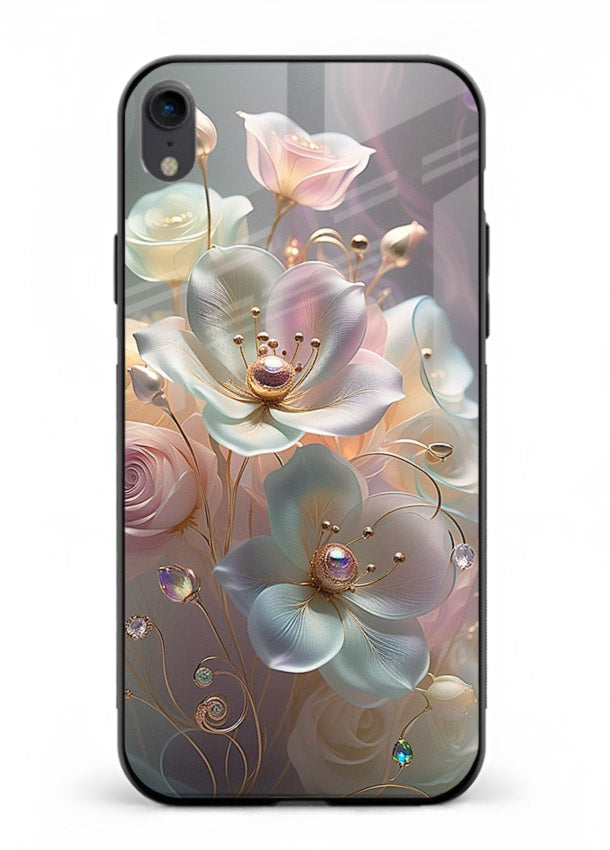 Rose orb artwork on iphone xr glass back cover with glowing romantic tones.