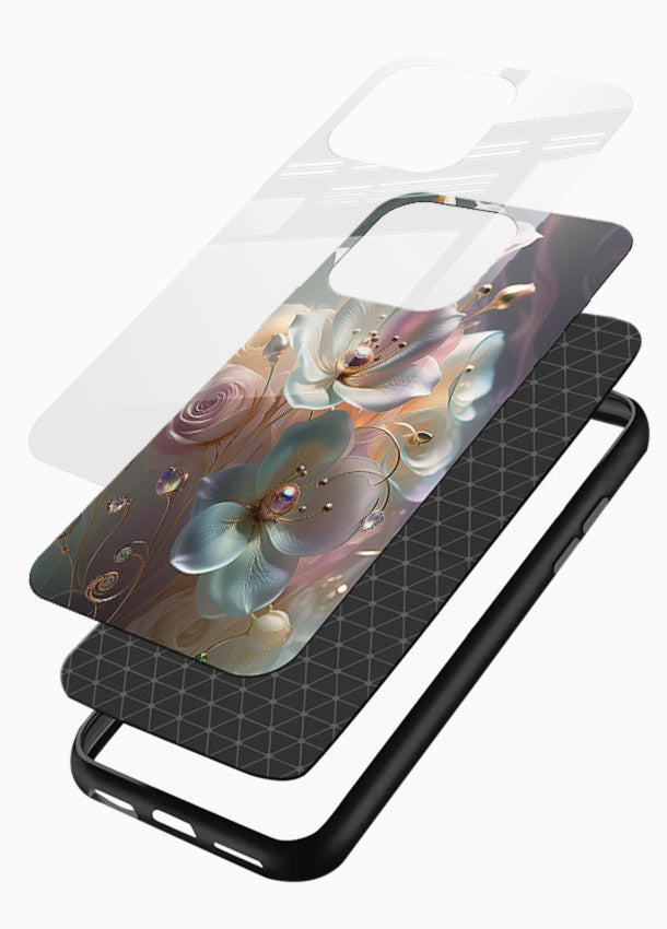 Rose orb artwork on glossy vibrant premium glass back cover with glowing romantic tones. - Angle Layers