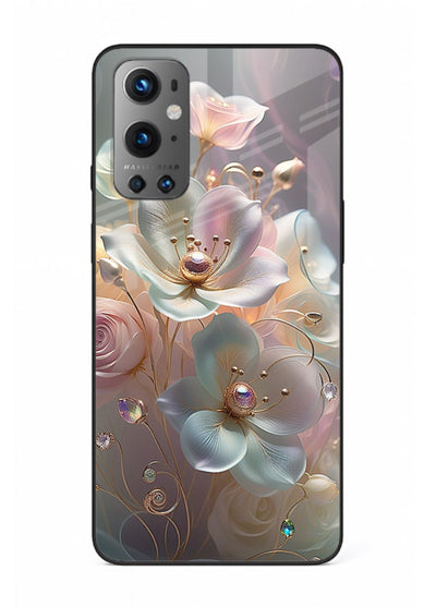 Rose orb artwork on OnePlus 9 glass back cover with glowing romantic tones.