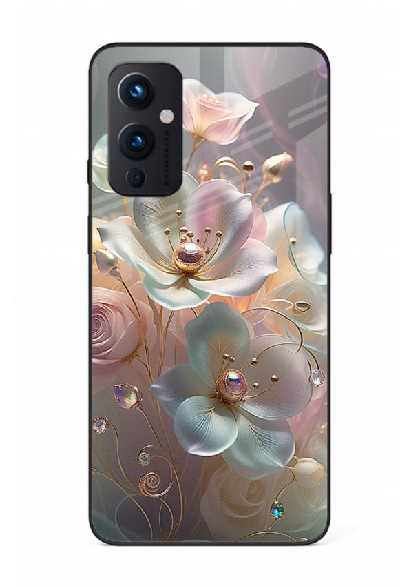 Rose orb artwork on OnePlus 9 Pro glass back cover with glowing romantic tones.