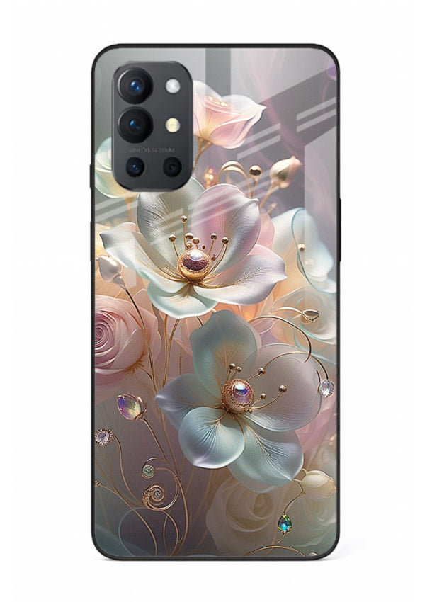 Rose orb artwork on OnePlus 9R glass back cover with glowing romantic tones.