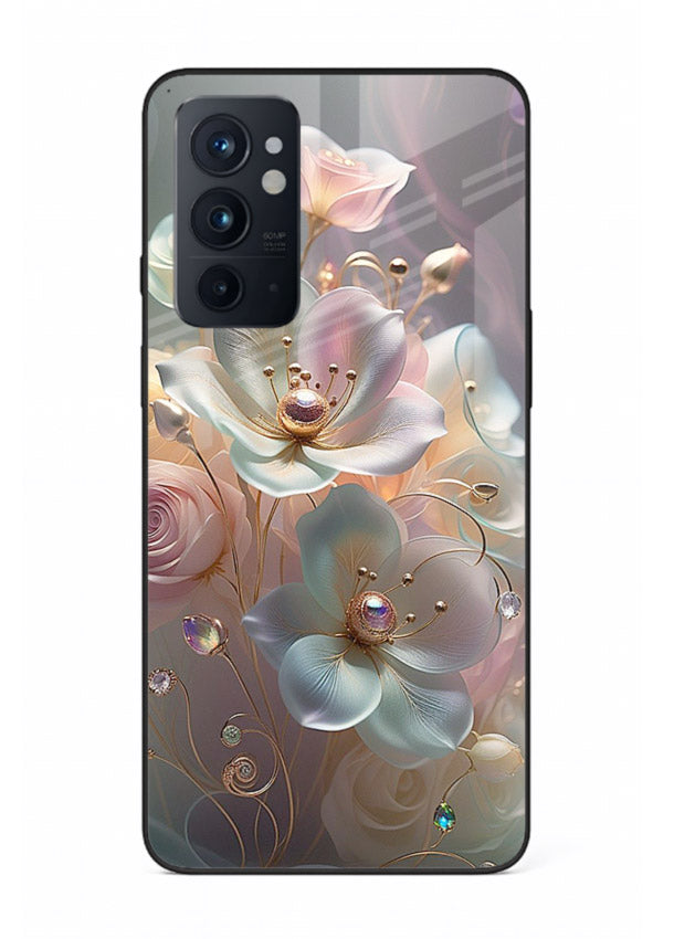 Rose orb artwork on OnePlus 9RT glass back cover with glowing romantic tones.
