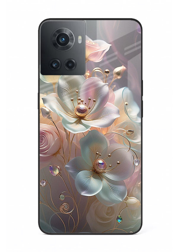 Rose orb artwork on OnePlus 10R glass back cover with glowing romantic tones.