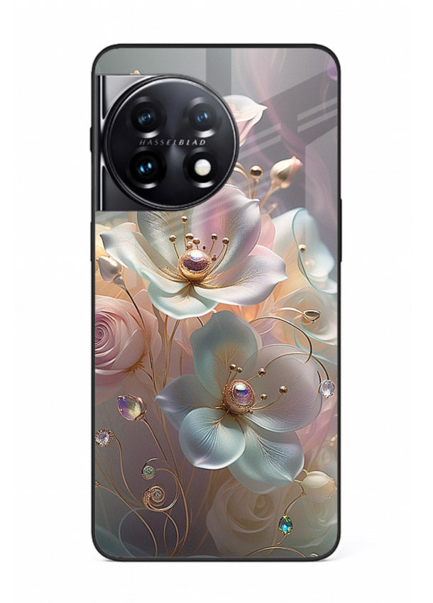 Rose orb artwork on OnePlus 11R glass back cover with glowing romantic tones.
