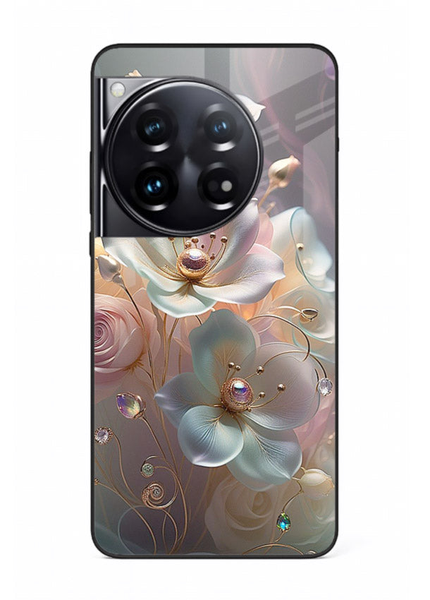 Rose orb artwork on OnePlus 12 glass back cover with glowing romantic tones.