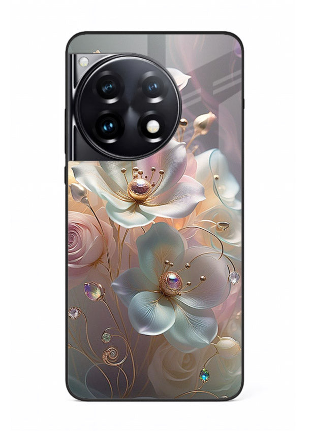 Rose orb artwork on OnePlus 12R glass back cover with glowing romantic tones.
