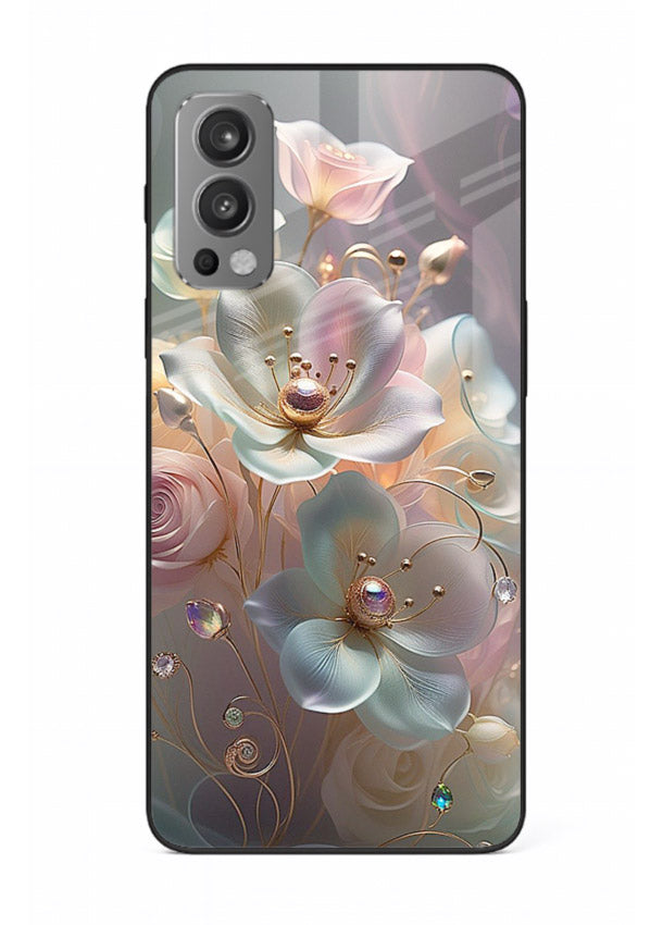 Rose orb artwork on OnePlus Nord 2 glass back cover with glowing romantic tones.