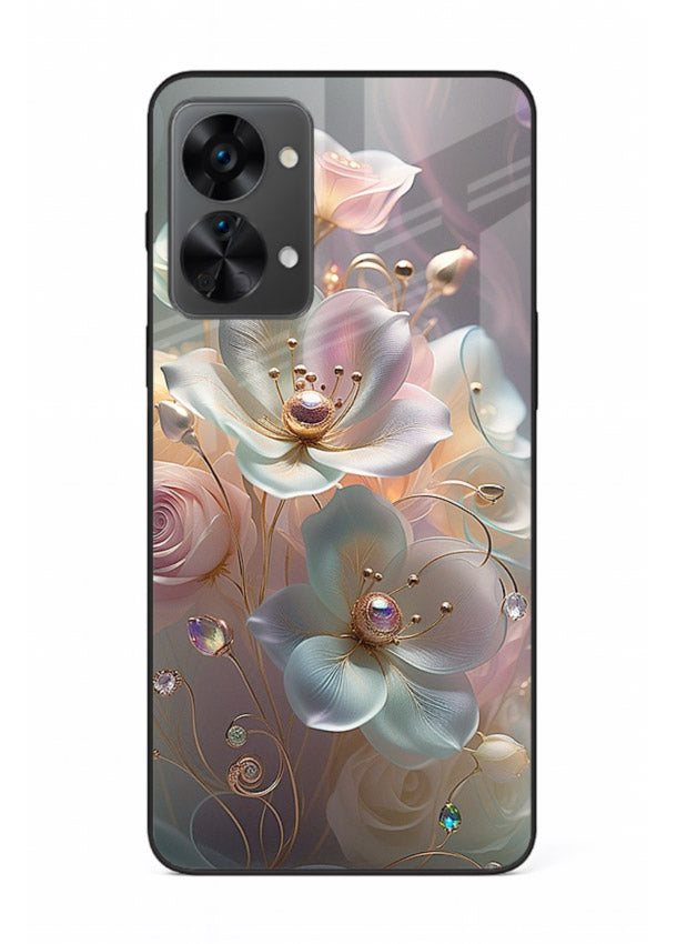 Rose orb artwork on OnePlus Nord 2T glass back cover with glowing romantic tones.