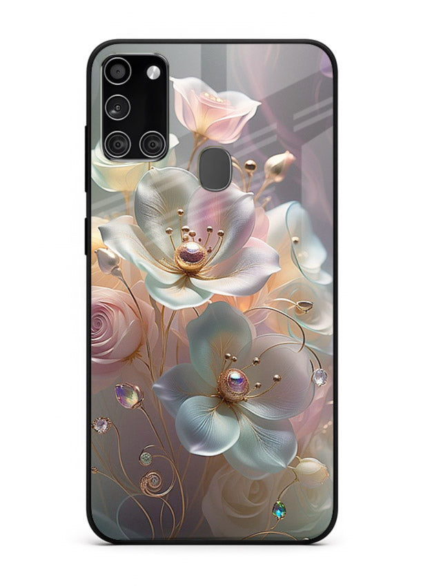 Rose orb artwork on Samsung A21s glass back cover with glowing romantic tones.