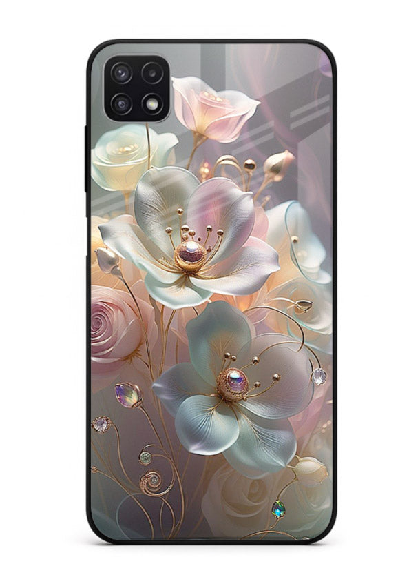 Rose orb artwork on Samsung F42 5G glass back cover with glowing romantic tones.