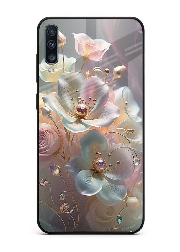 Rose orb artwork on Samsung A70 glass back cover with glowing romantic tones.
