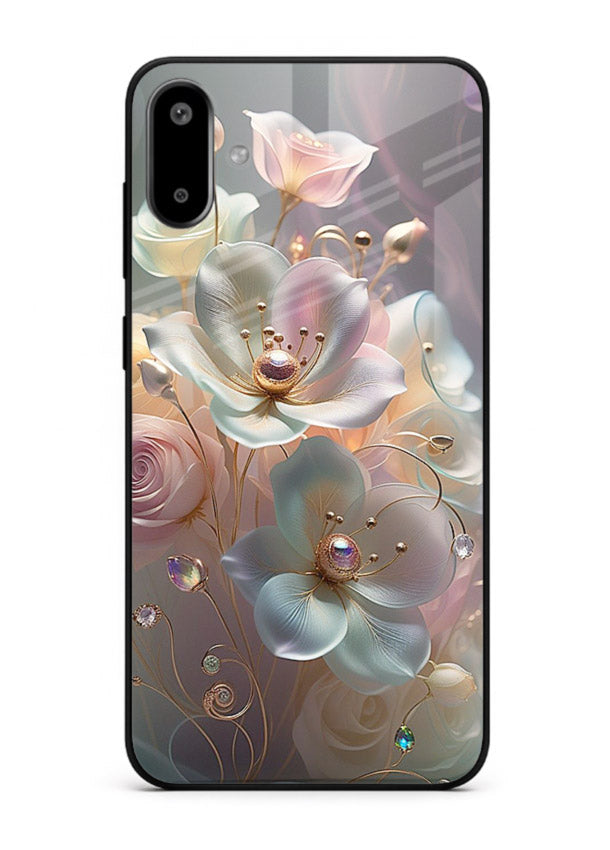 Rose orb artwork on Samsung F06 5G glass back cover with glowing romantic tones.