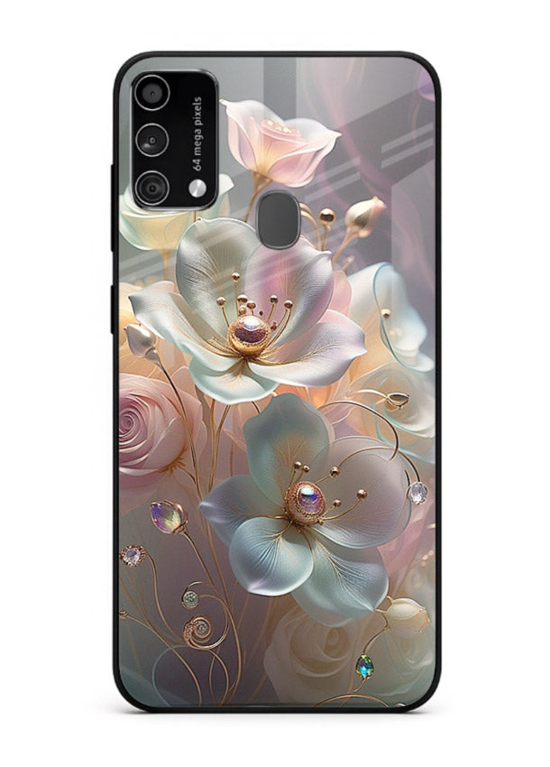 Rose orb artwork on Samsung F41 glass back cover with glowing romantic tones.