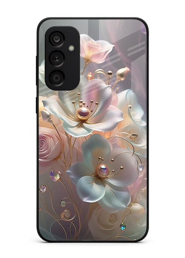 Rose orb artwork on Samsung M15 5G glass back cover with glowing romantic tones.