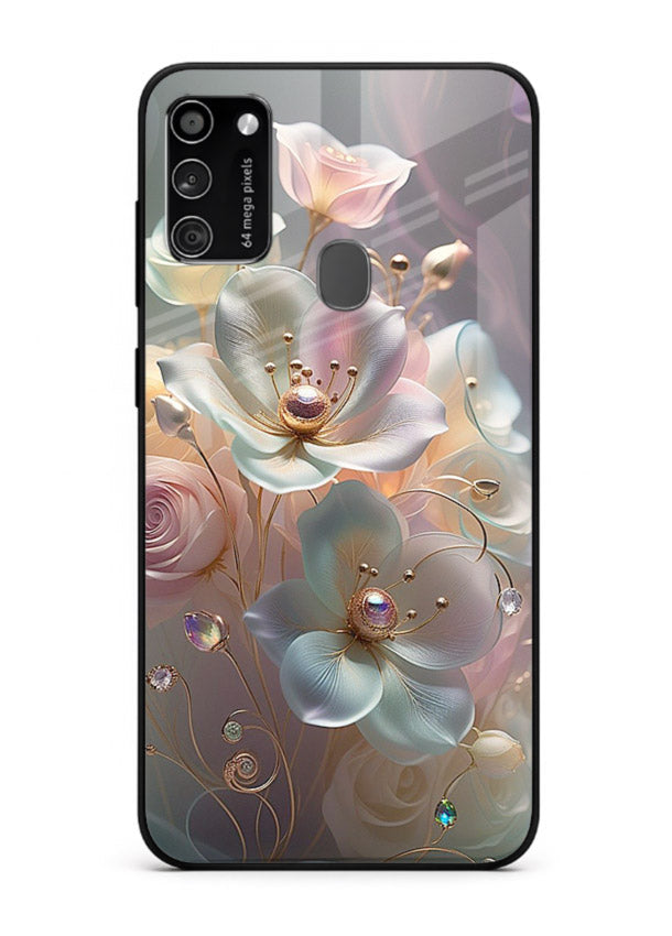 Rose orb artwork on Samsung M30s glass back cover with glowing romantic tones.