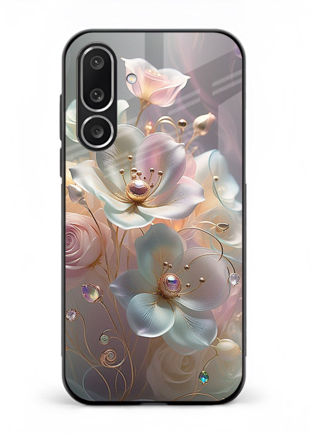 Rose orb artwork on Samsung F56 5G glass back cover with glowing romantic tones.