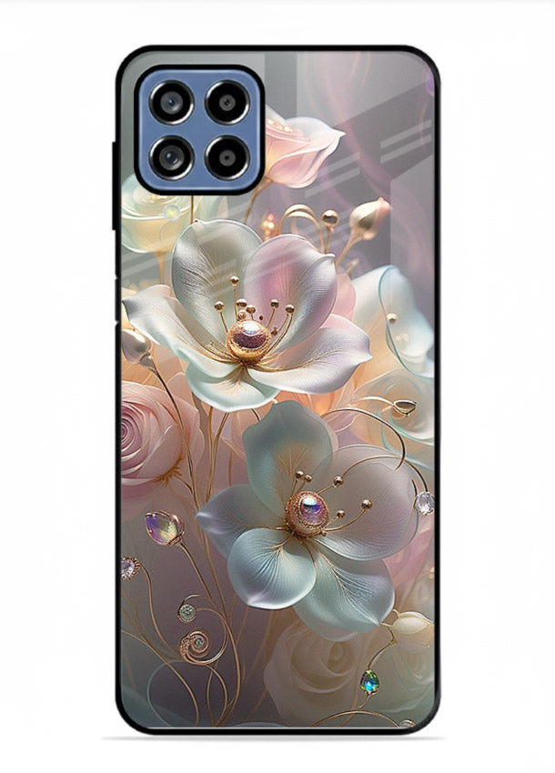 Rose orb artwork on Samsung M33 5G glass back cover with glowing romantic tones.