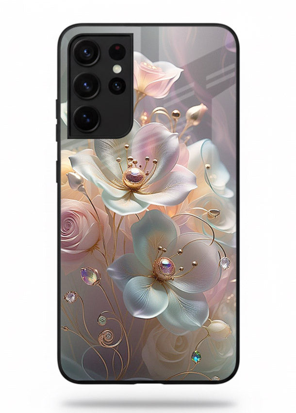 Rose orb artwork on Samsung S21 Ultra glass back cover with glowing romantic tones.