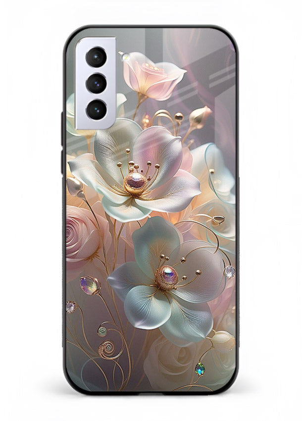 Rose orb artwork on Samsung S21 FE glass back cover with glowing romantic tones.