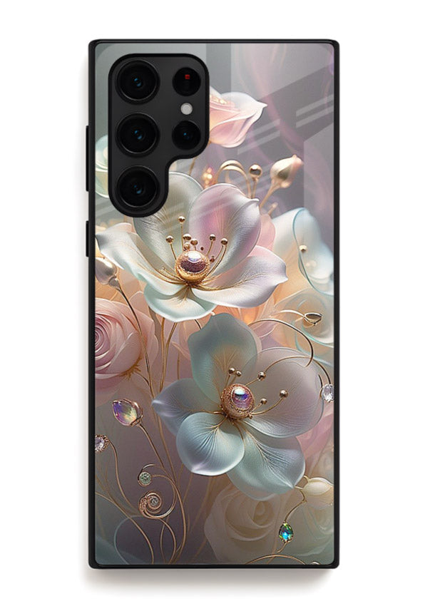 Rose orb artwork on Samsung S25 Ultra glass back cover with glowing romantic tones.